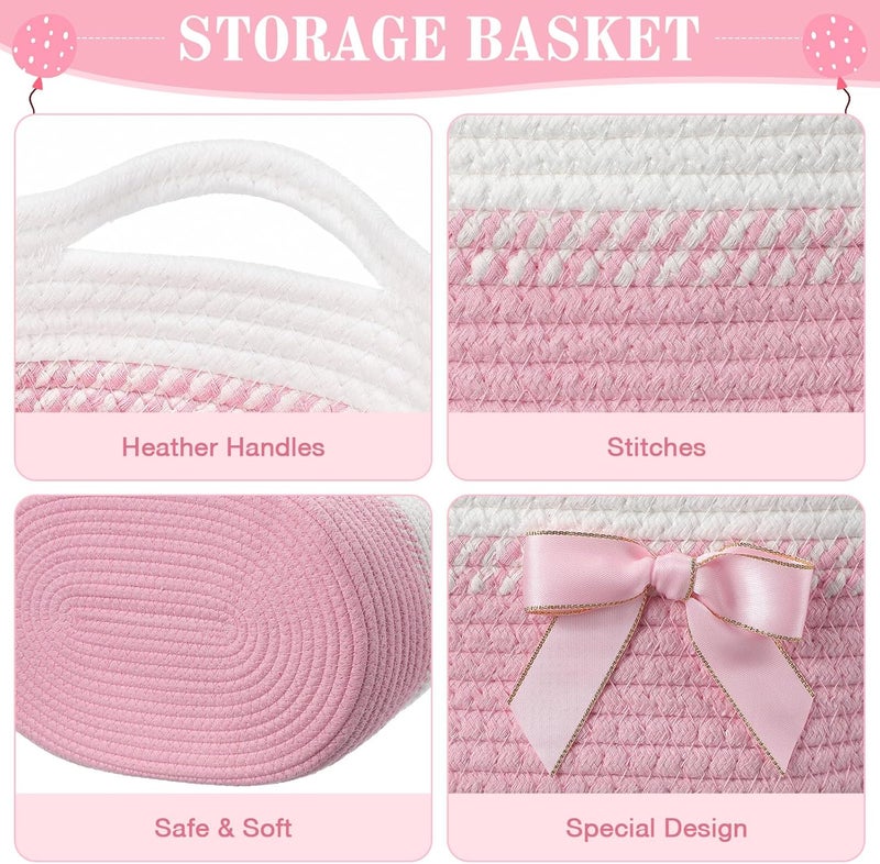 Colingmill Valentine Woven Gift Basket Empty with Ribbons Bow Tie and Bag, Valentine's Day Empty Decorative Chest Box, Woven Rope Storage with Handles Home Decor(14 x 10 x 5.5 Inch,Pink White) - Image 4